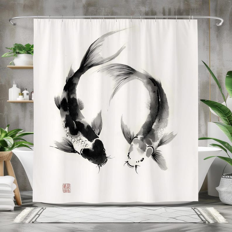 Japanese Home Bathroom Design - ม่านอาบน้ำลายปลา, ม่านอาบน้ำผ้ากันน้ำ, ตกแต่งห้องน้ำสไตล์เซน, ดีไซน์ศิลปะญี่ปุ่นสีดำและสีขาวสำหรับบ้านสมัยใหม่