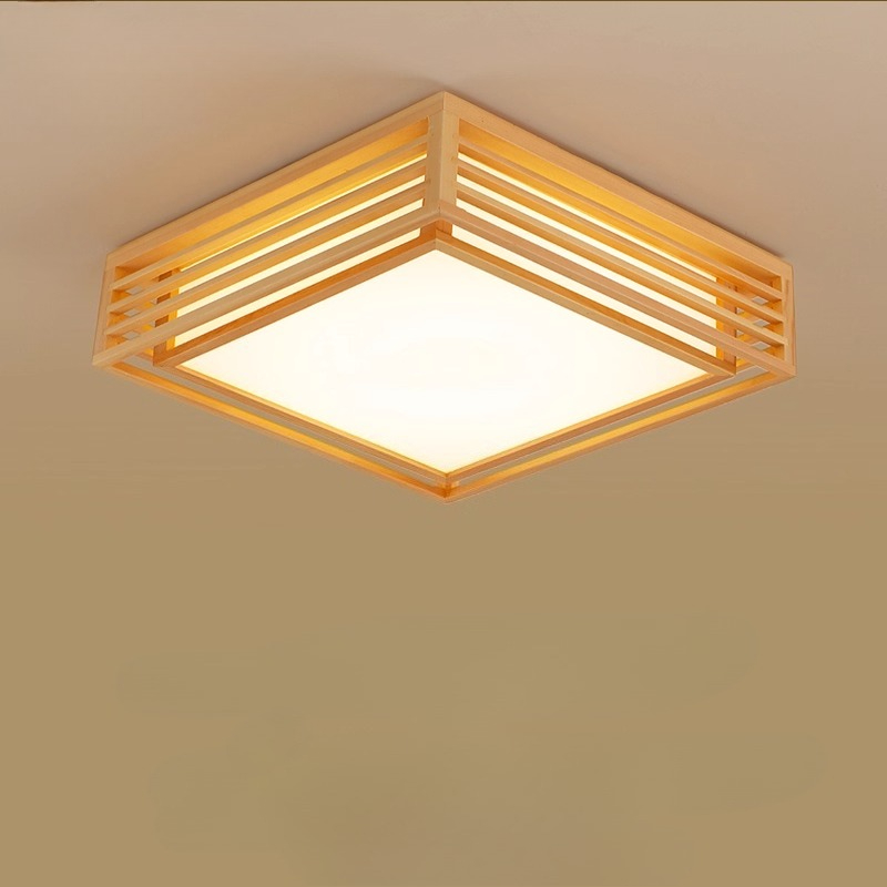 Japanese Home Bathroom Design - โคมไฟเพดาน LED ทรงสี่เหลี่ยม ดีไซน์ญี่ปุ่น ทำจากไม้ สำหรับห้องนั่งเล่น