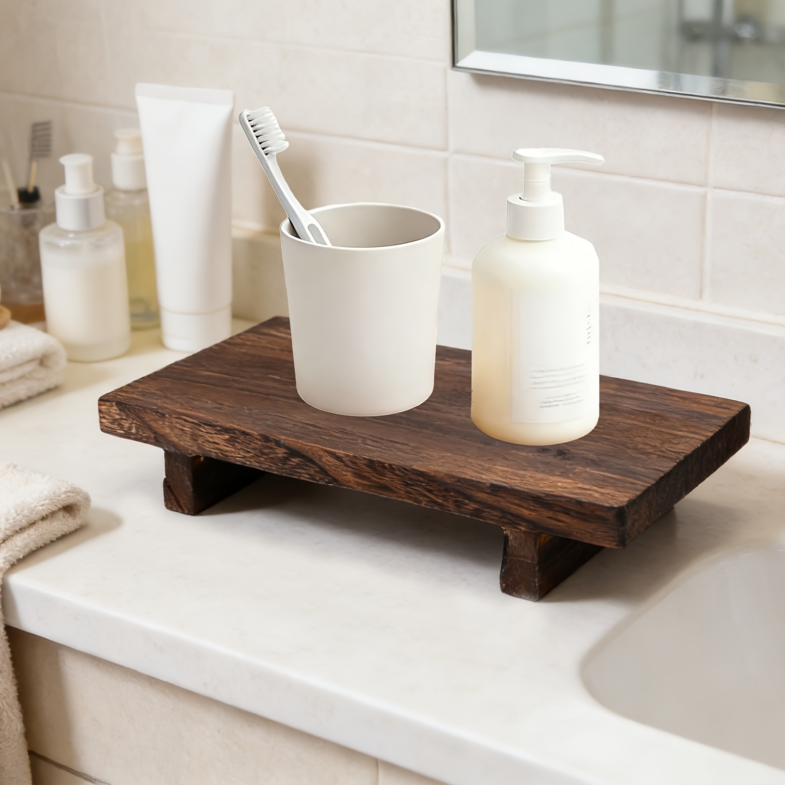 Zara Home Bathroom Tray - ถาดไม้ตกแต่งสไตล์วินเทจ ถาดเก็บของสวยงามสำหรับห้องน้ำและห้องครัว เหมาะสำหรับเครื่องสำอางและการจัดแสดงของตกแต่งบ้าน