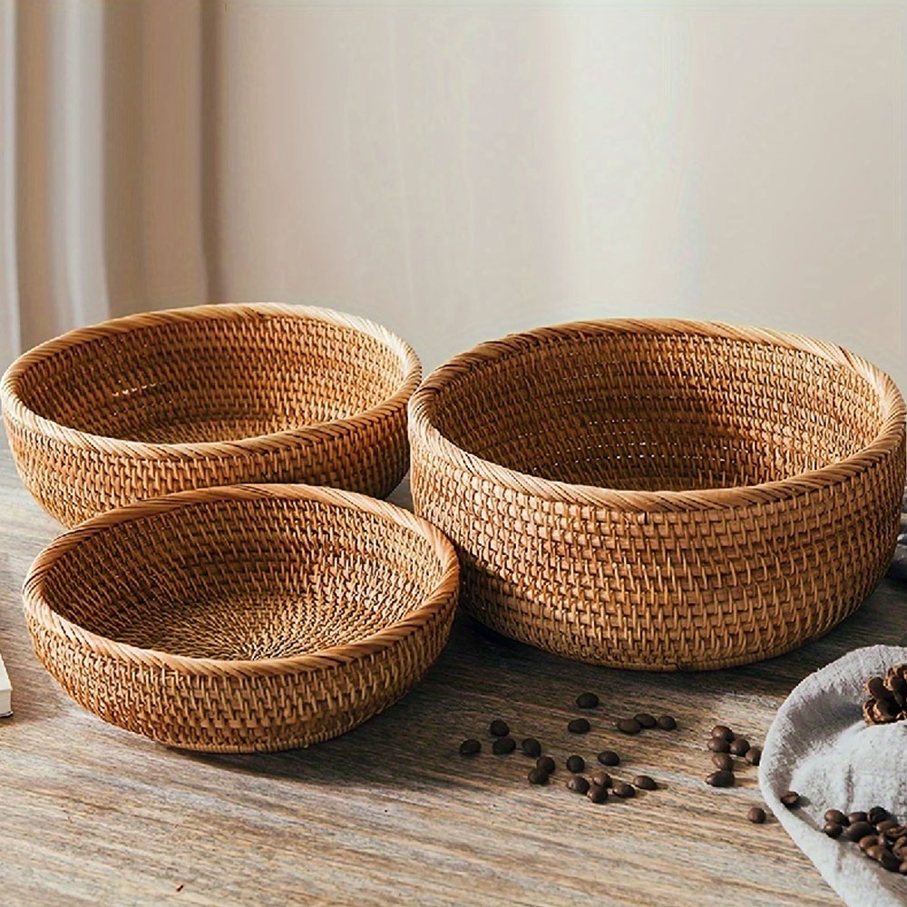Zara Home Bathroom Tray - ชุดตะกร้าหวายทอมือ - ตะกร้าเก็บทรงกลมฟางธรรมชาติสําหรับใช้ในบ้าน ห้องครัว และของตกแต่ง