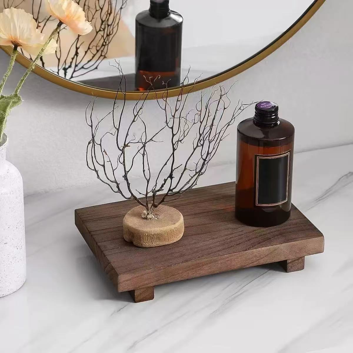 Zara Home Bathroom Tray - ถาดไม้ตกแต่งสไตล์วินเทจ ถาดเก็บของสวยงามสำหรับห้องน้ำและห้องครัว เหมาะสำหรับเครื่องสำอางและการจัดแสดงของตกแต่งบ้าน